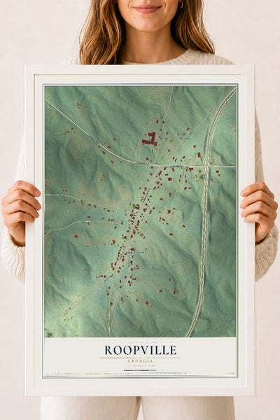 Roopville, Georgia map print, 18" x 24" W/ White Ayous Wood Frame mockup