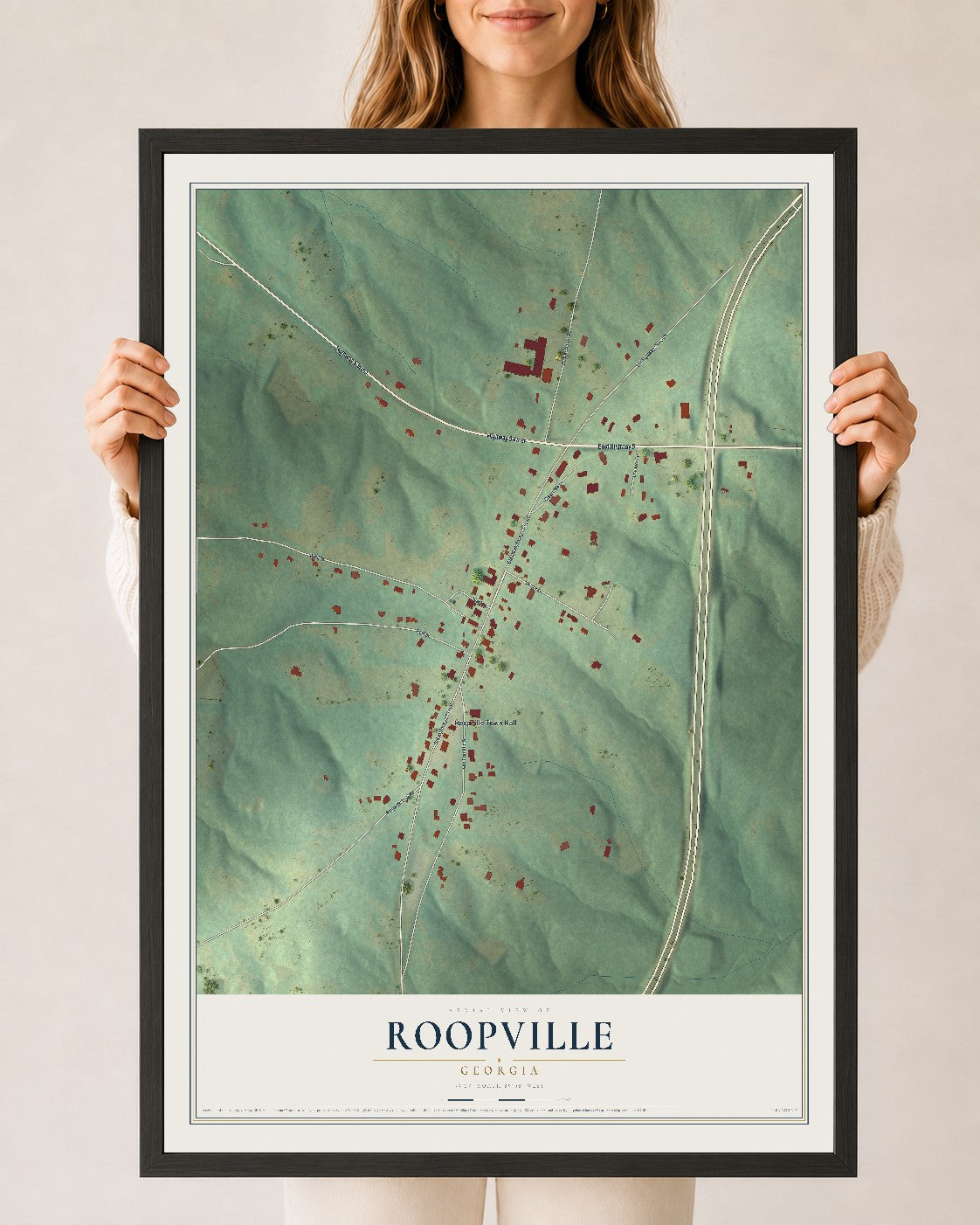 Roopville, Georgia map print, 24" x 36" W/ Black Ayous Wood Frame mockup