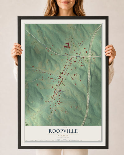 Roopville, Georgia map print, 24" x 36" W/ Black Ayous Wood Frame mockup