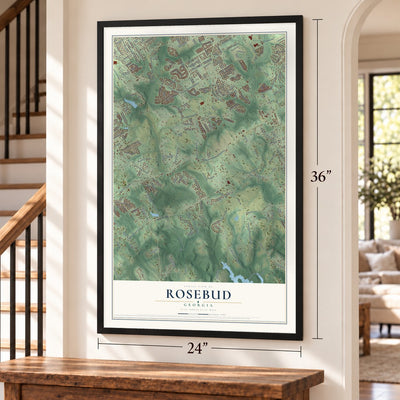 Rosebud, Georgia map, 24 x 36 inch print in a black frame by a staircase