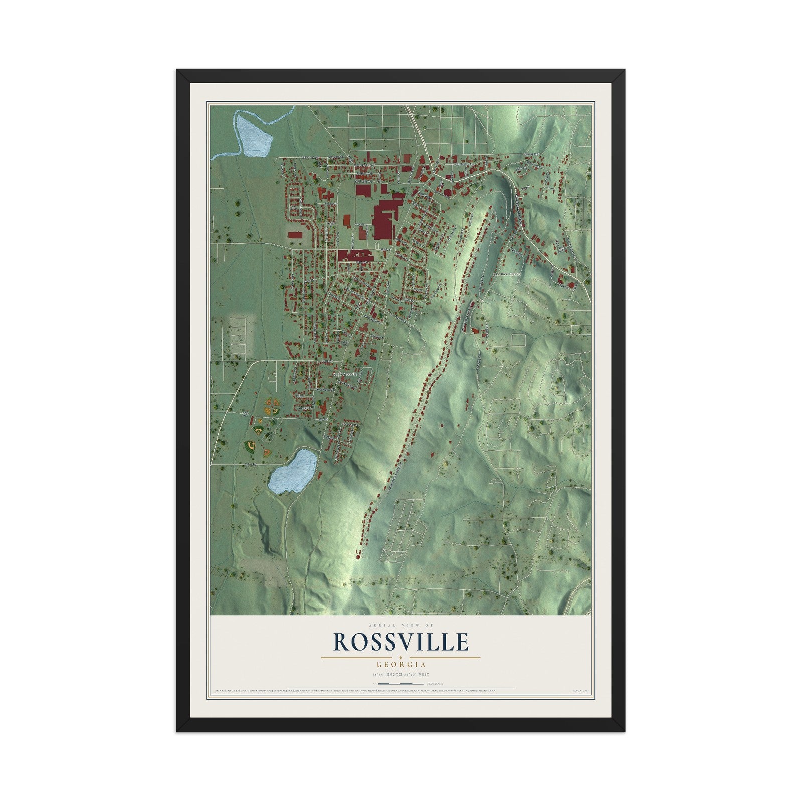 Rossville, Georgia map print, 12" x 18" W/ Black Ayous Wood Frame mockup
