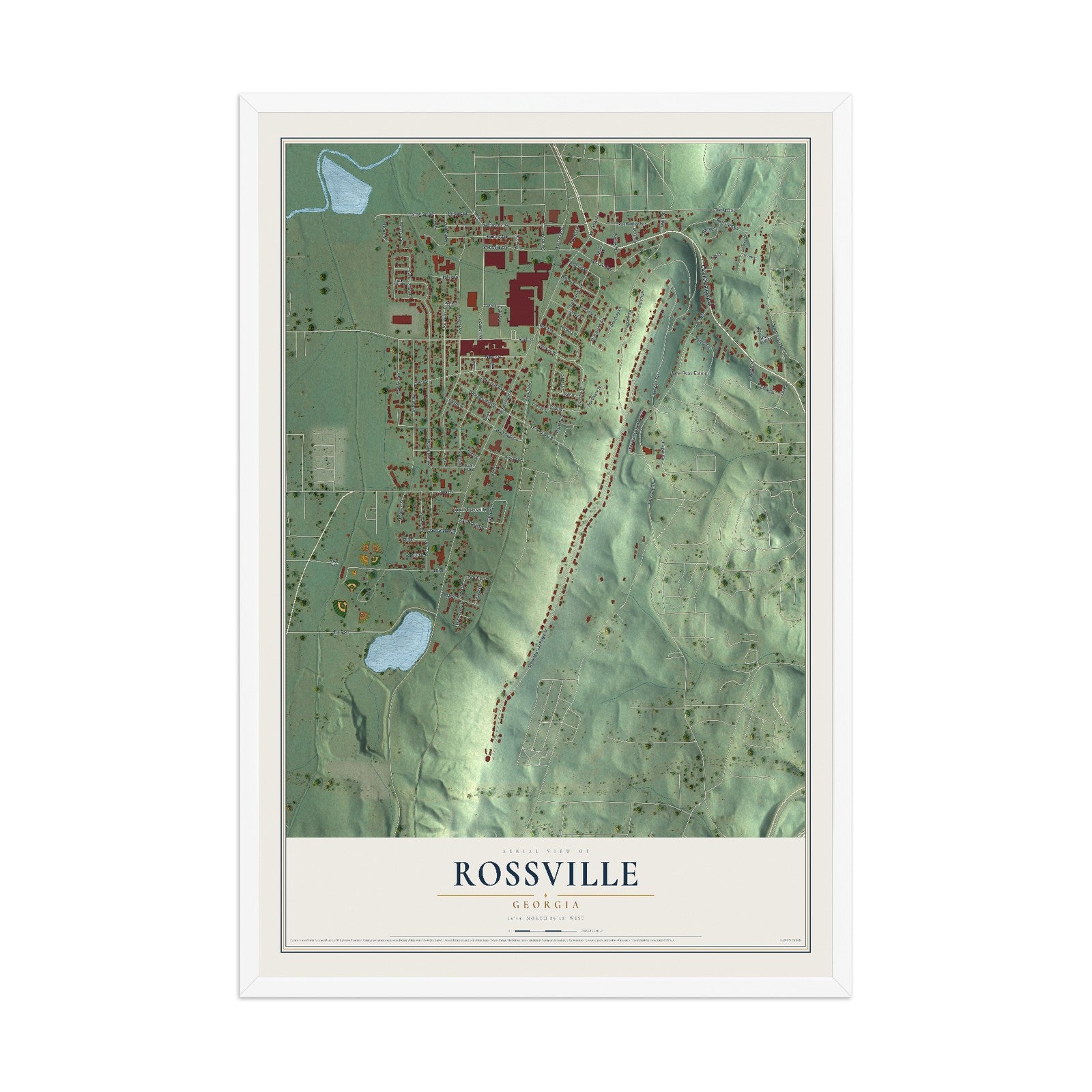 Rossville, Georgia map print, 12" x 18" W/ White Ayous Wood Frame mockup