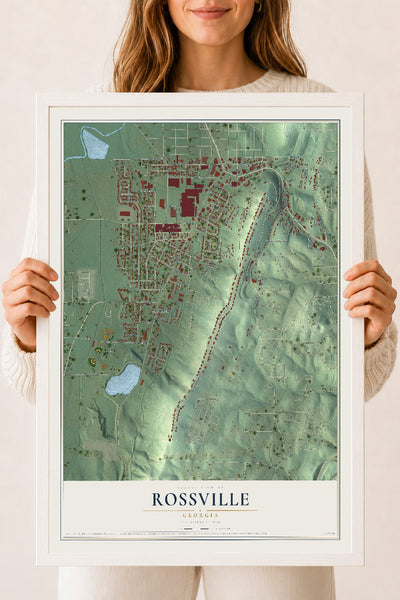 Rossville, Georgia map print, 18" x 24" W/ White Ayous Wood Frame mockup