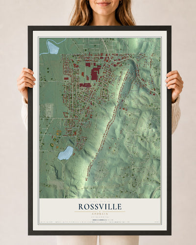 Rossville, Georgia map print, 24" x 36" W/ Black Ayous Wood Frame mockup
