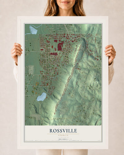 Rossville, Georgia map print, 24" x 36" W/ White Ayous Wood Frame mockup