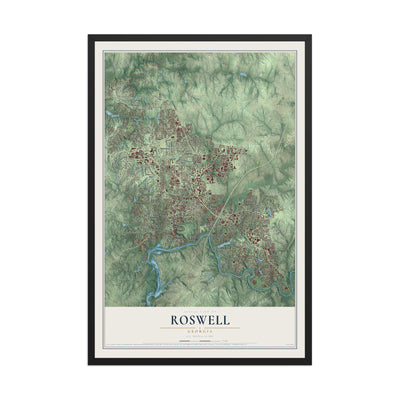 Roswell, Georgia map print, 12" x 18" W/ Black Ayous Wood Frame mockup