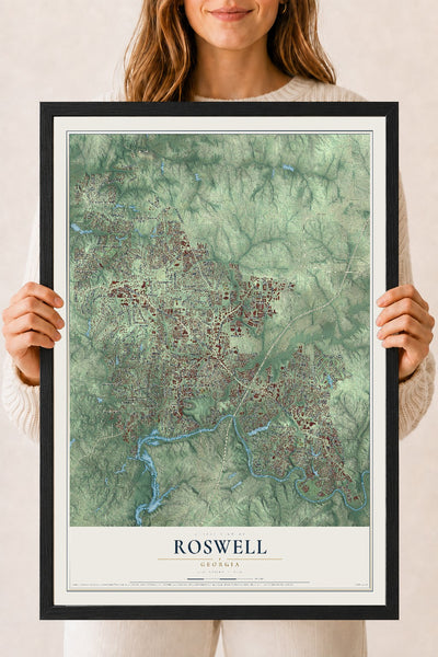 Roswell, Georgia map print, 18" x 24" W/ Black Ayous Wood Frame mockup