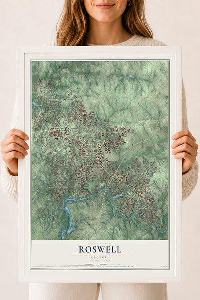Roswell, Georgia map print, 18" x 24" W/ White Ayous Wood Frame mockup