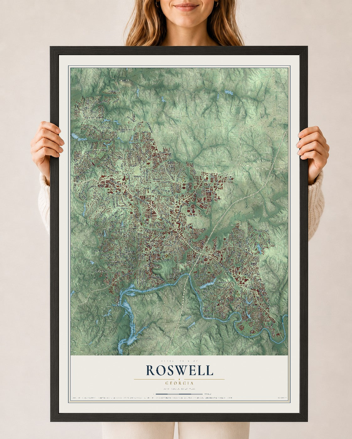 Roswell, Georgia map print, 24" x 36" W/ Black Ayous Wood Frame mockup