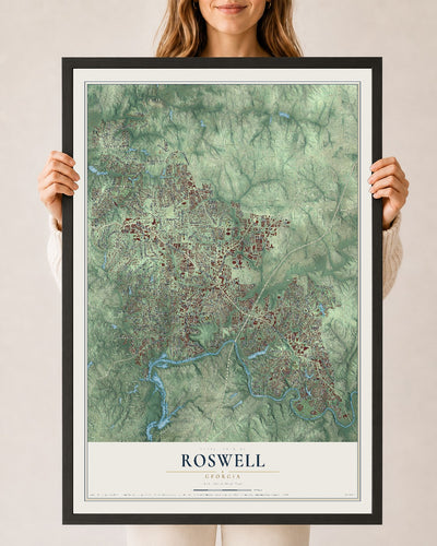 Roswell, Georgia map print, 24" x 36" W/ Black Ayous Wood Frame mockup