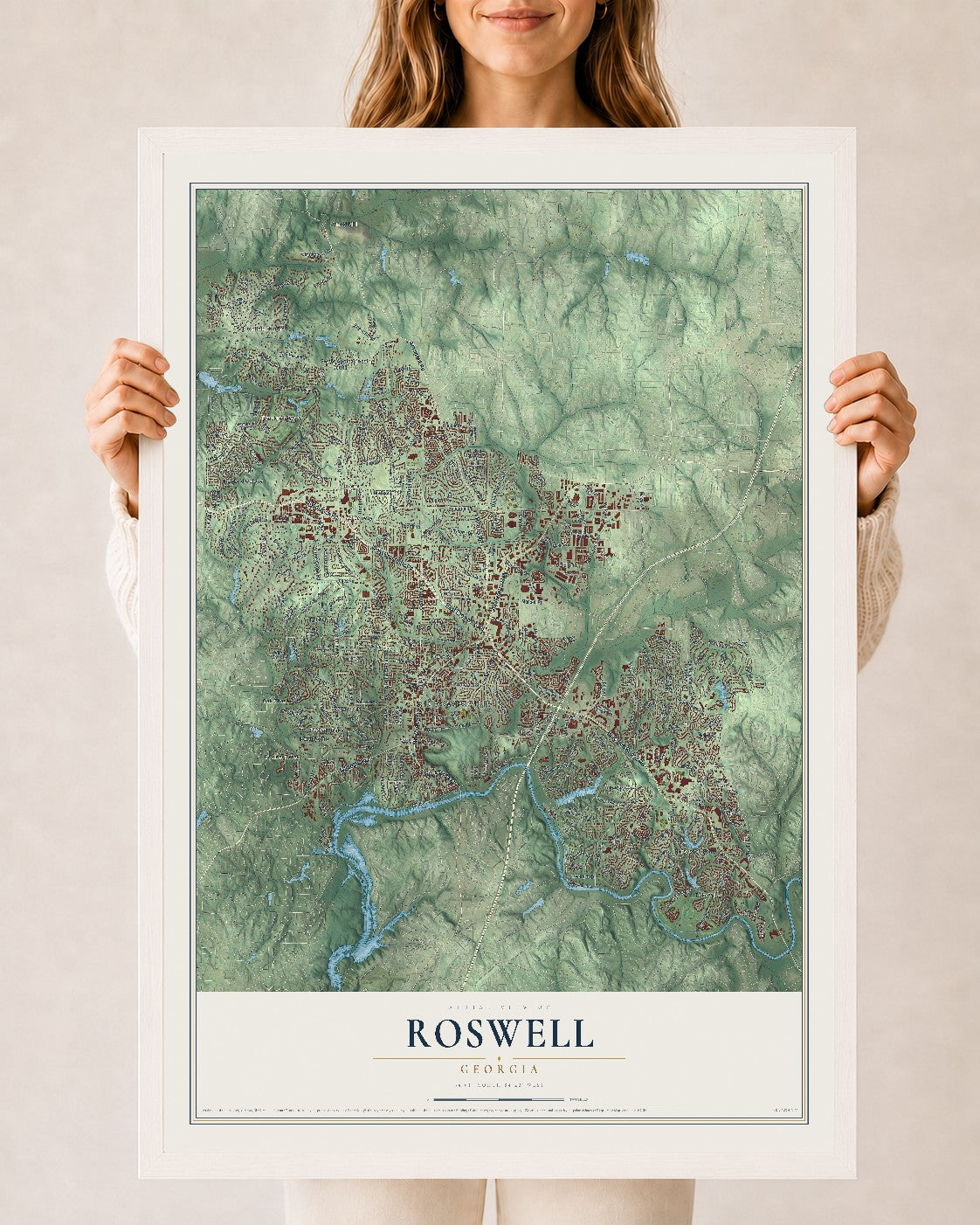 Roswell, Georgia map print, 24" x 36" W/ White Ayous Wood Frame mockup