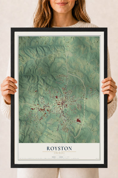 Royston, Georgia map print, 18" x 24" W/ Black Ayous Wood Frame mockup