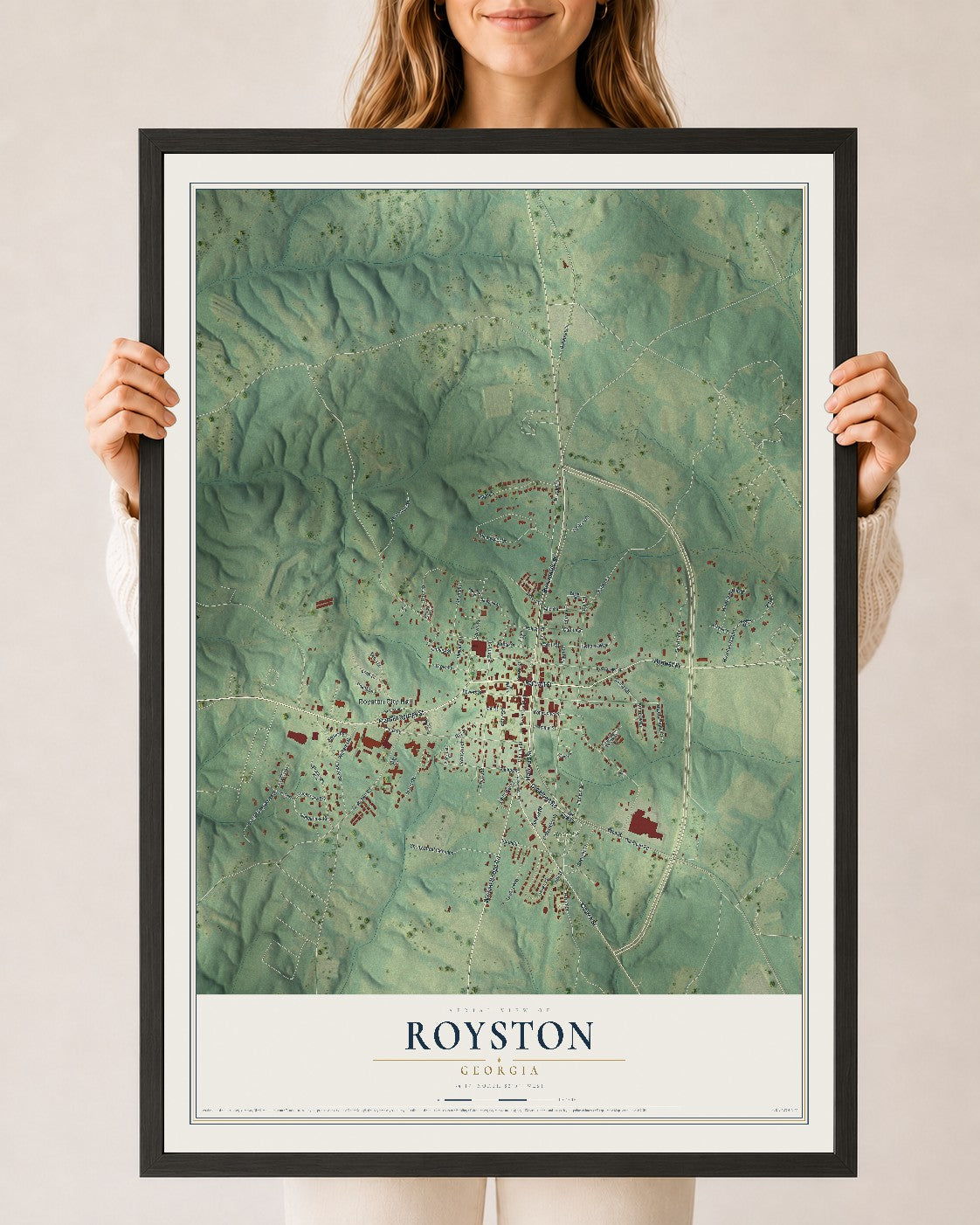 Royston, Georgia map print, 24" x 36" W/ Black Ayous Wood Frame mockup