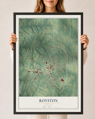 Royston, Georgia map print, 24" x 36" W/ Black Ayous Wood Frame mockup
