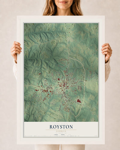 Royston, Georgia map print, 24" x 36" W/ White Ayous Wood Frame mockup