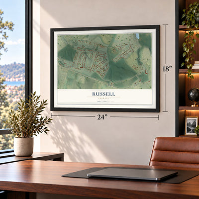 Russell, Georgia map, 18 x 24 inch print in a black frame in a home office