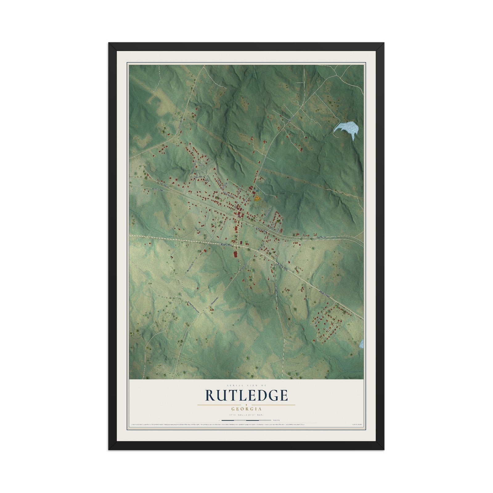 Rutledge, Georgia map print, 12" x 18" W/ Black Ayous Wood Frame mockup