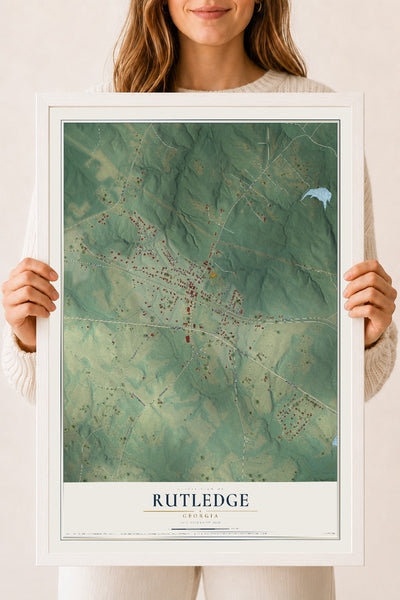 Rutledge, Georgia map print, 18" x 24" W/ White Ayous Wood Frame mockup