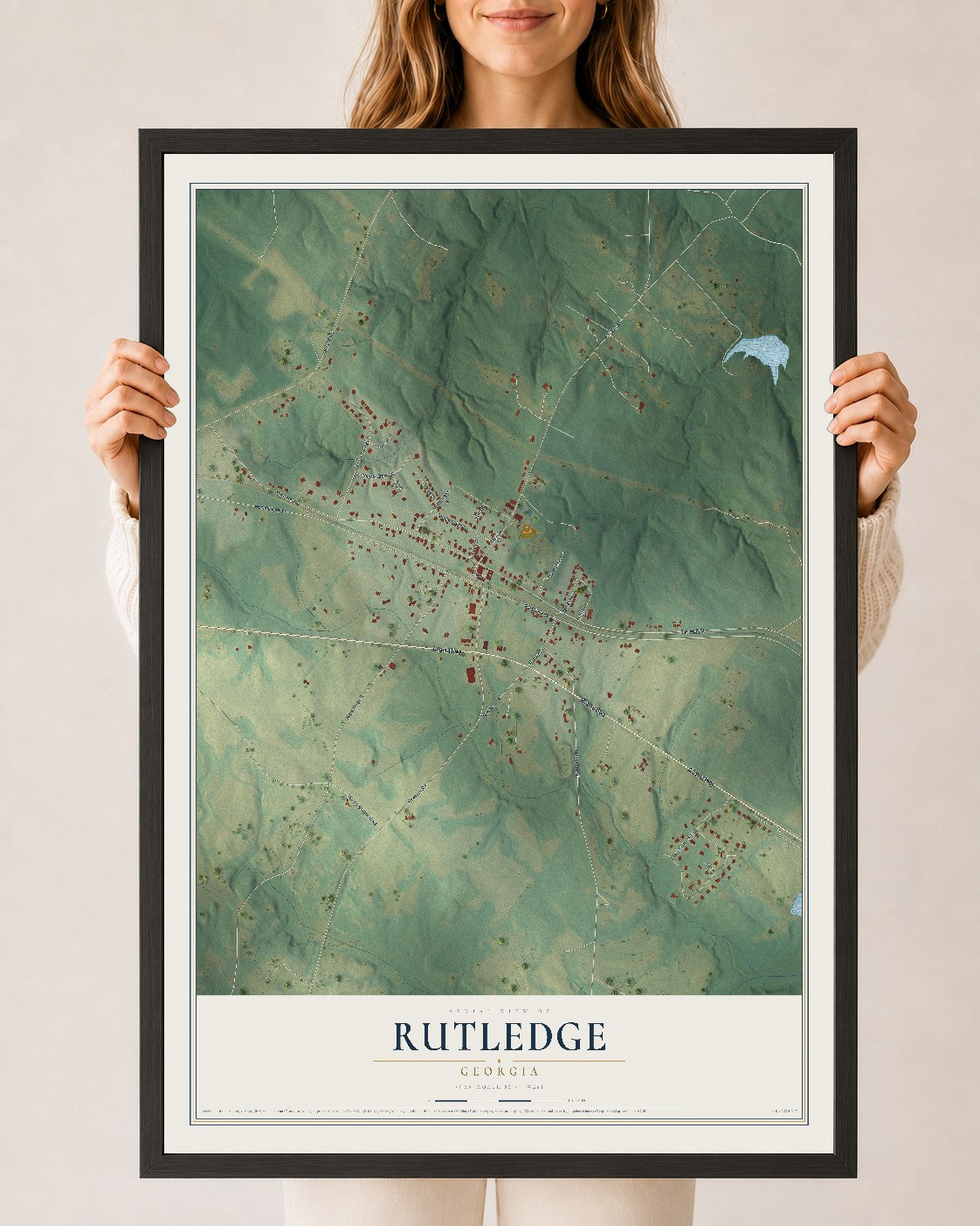 Rutledge, Georgia map print, 24" x 36" W/ Black Ayous Wood Frame mockup