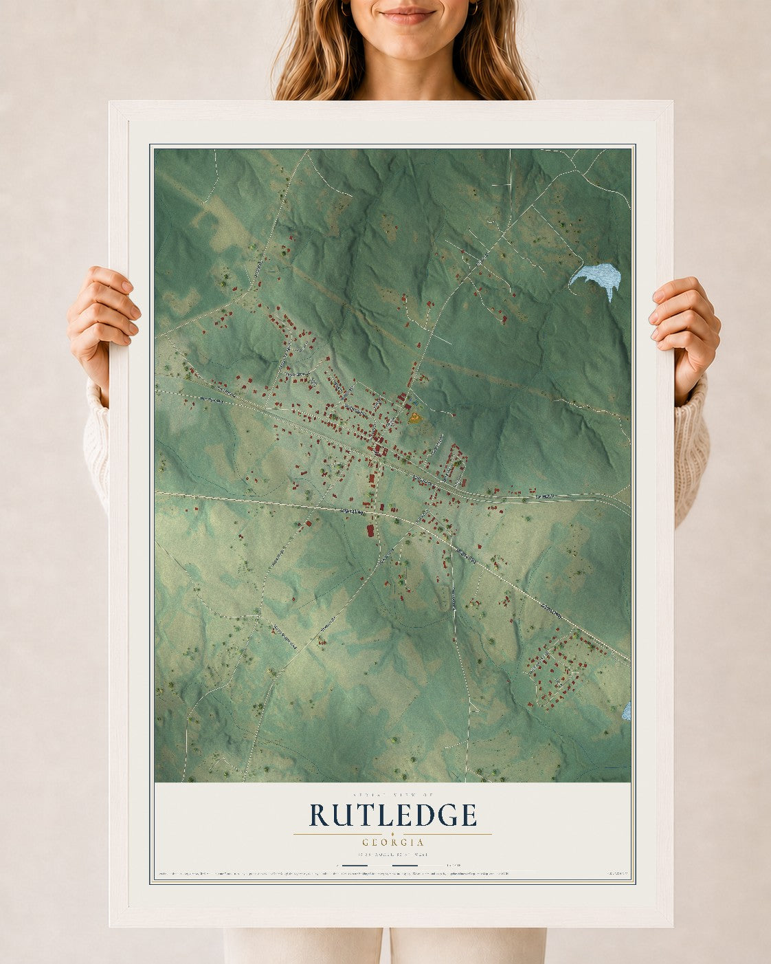 Rutledge, Georgia map print, 24" x 36" W/ White Ayous Wood Frame mockup