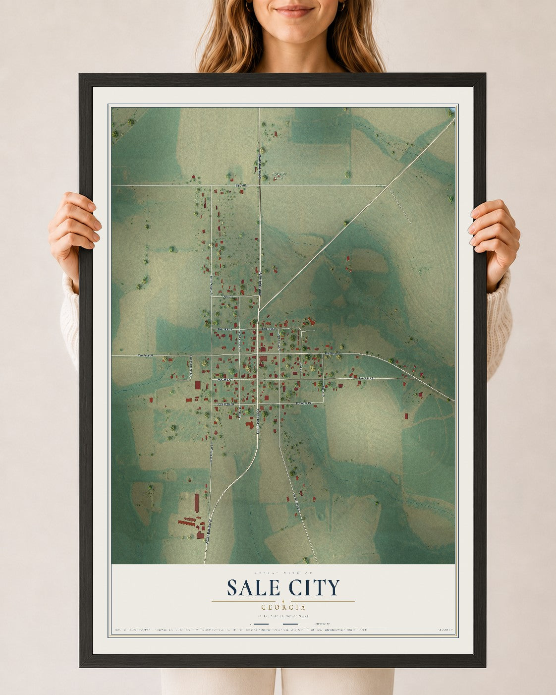 Sale City, Georgia map print, 24" x 36" W/ Black Ayous Wood Frame mockup