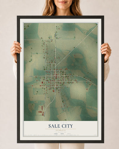 Sale City, Georgia map print, 24" x 36" W/ Black Ayous Wood Frame mockup