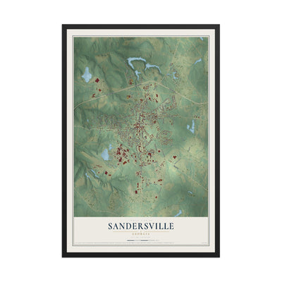 Sandersville, Georgia map print, 12" x 18" W/ Black Ayous Wood Frame mockup
