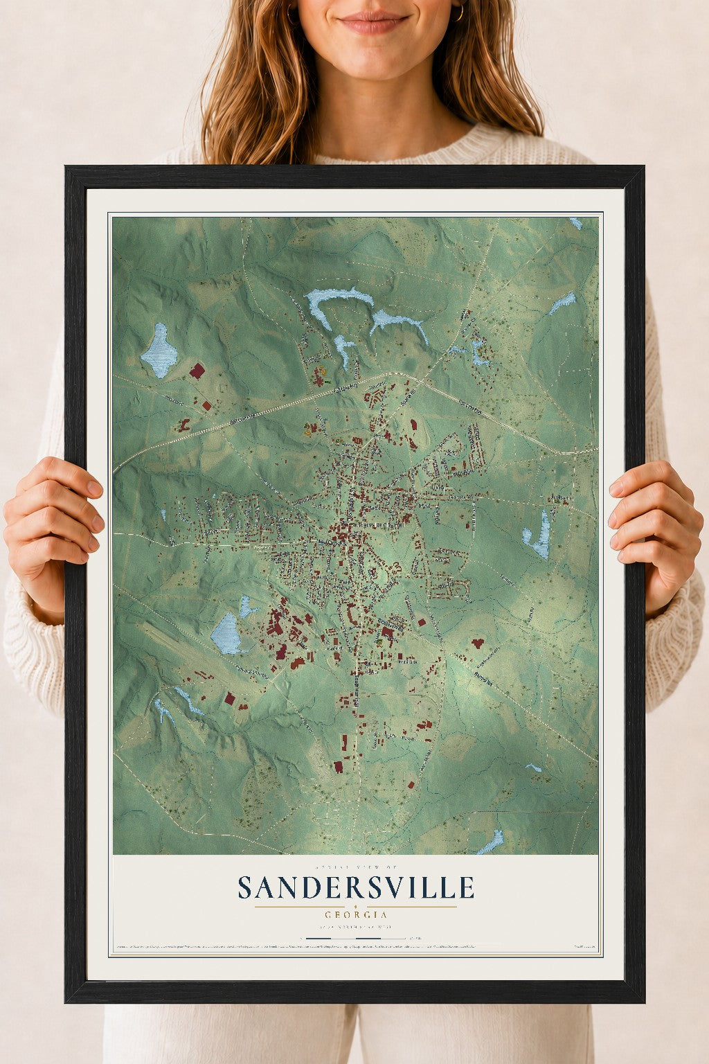 Sandersville, Georgia map print, 18" x 24" W/ Black Ayous Wood Frame mockup