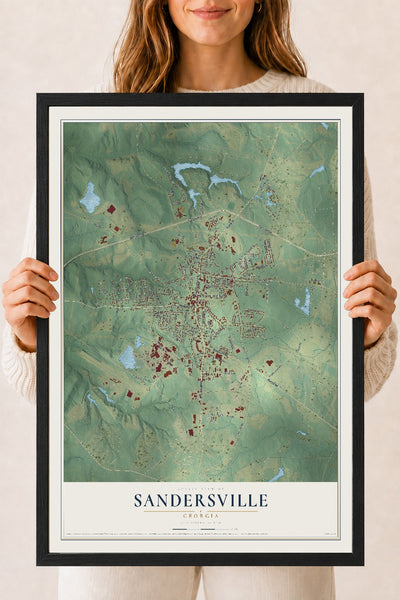 Sandersville, Georgia map print, 18" x 24" W/ Black Ayous Wood Frame mockup