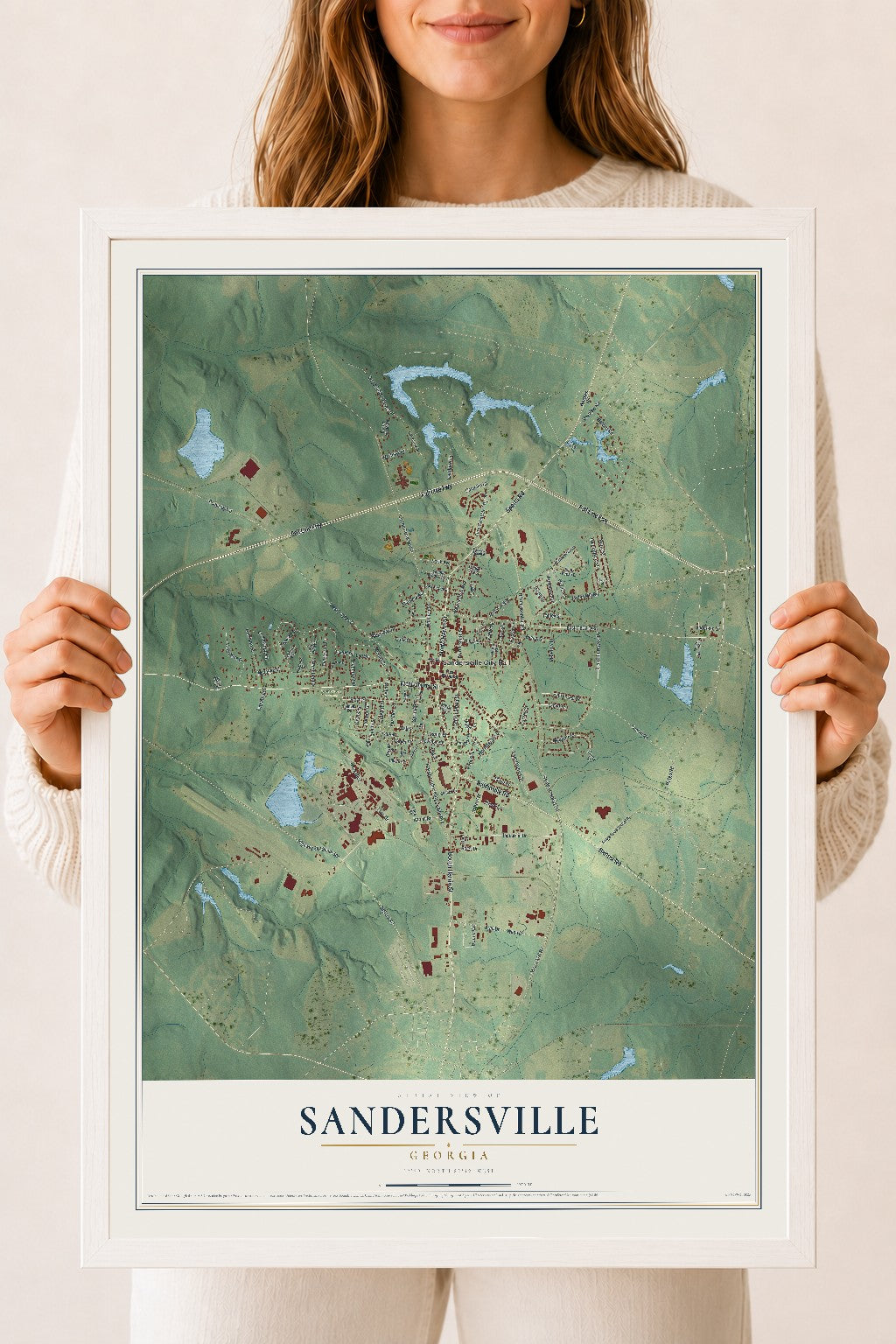 Sandersville, Georgia map print, 18" x 24" W/ White Ayous Wood Frame mockup