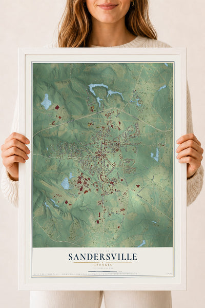 Sandersville, Georgia map print, 18" x 24" W/ White Ayous Wood Frame mockup