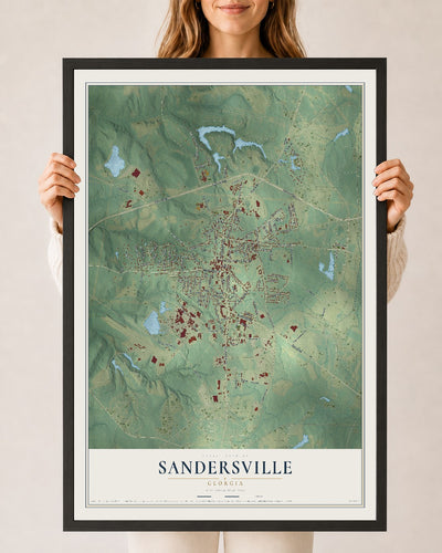 Sandersville, Georgia map print, 24" x 36" W/ Black Ayous Wood Frame mockup