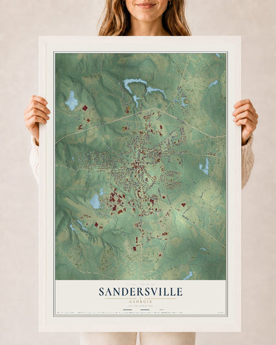 Sandersville, Georgia map print, 24" x 36" W/ White Ayous Wood Frame mockup