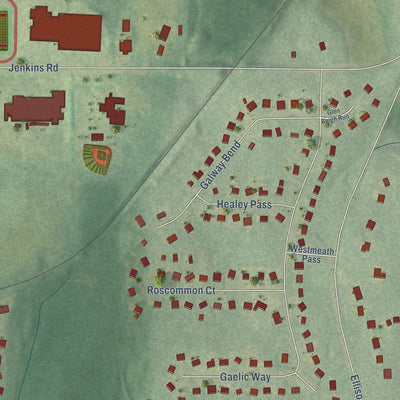 Close-up of the map of Sandy Creek, Georgia print showing street and building detail