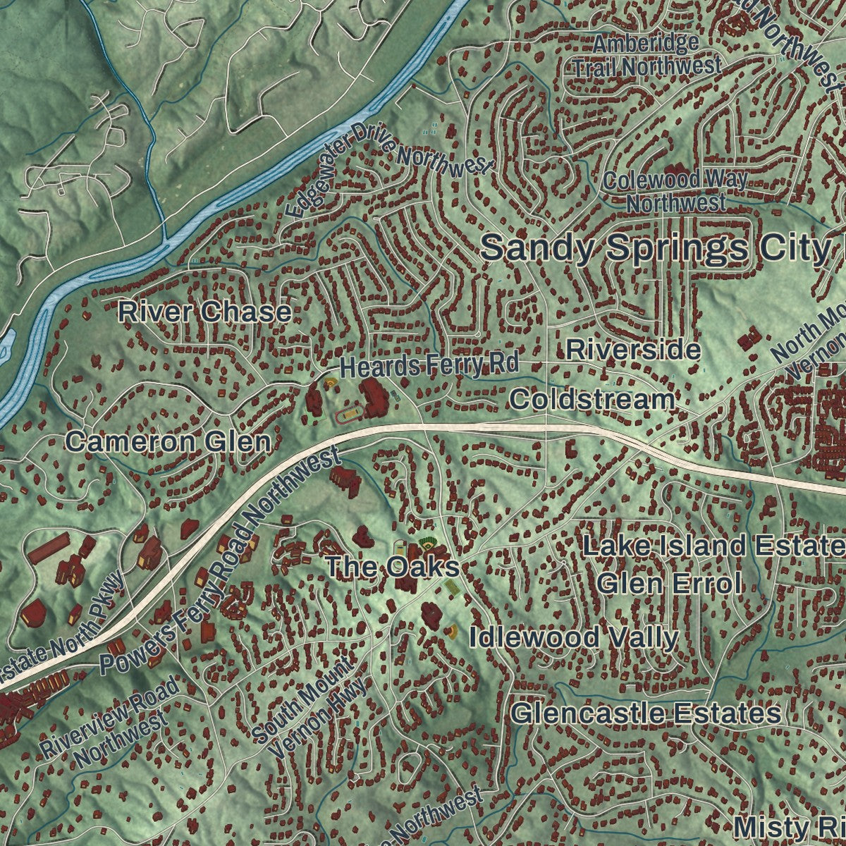 Close-up 1 of the Sandy Springs, Georgia map artwork