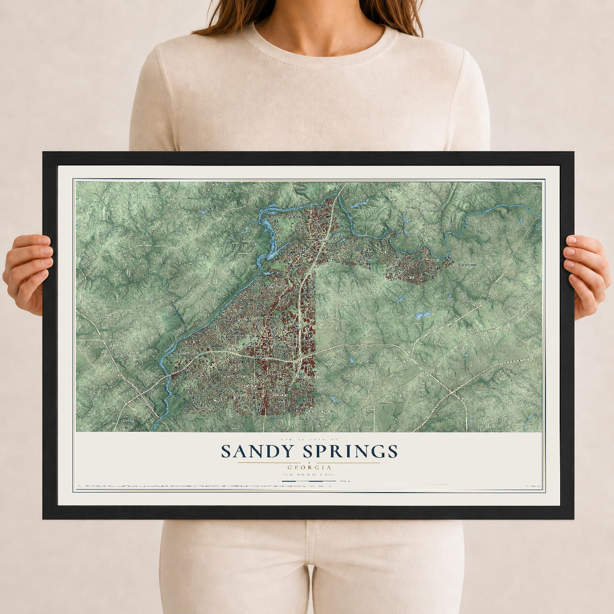 Sandy Springs, Georgia map print, 12" x 18" W/ Black Ayous Wood Frame mockup