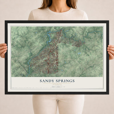 Sandy Springs, Georgia map print, 18" x 24" W/ Black Ayous Wood Frame mockup