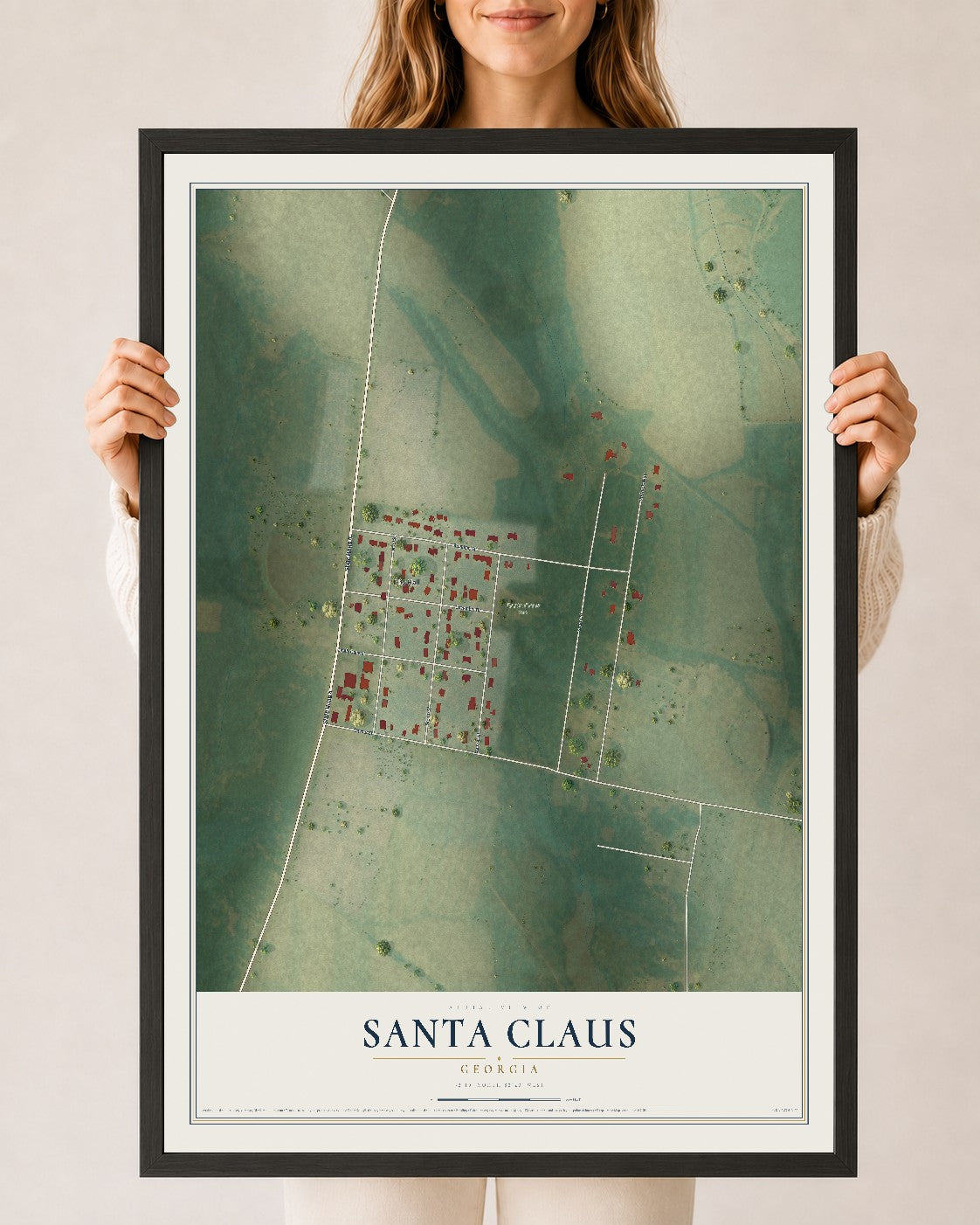 Santa Claus, Georgia map print, 24" x 36" W/ Black Ayous Wood Frame mockup