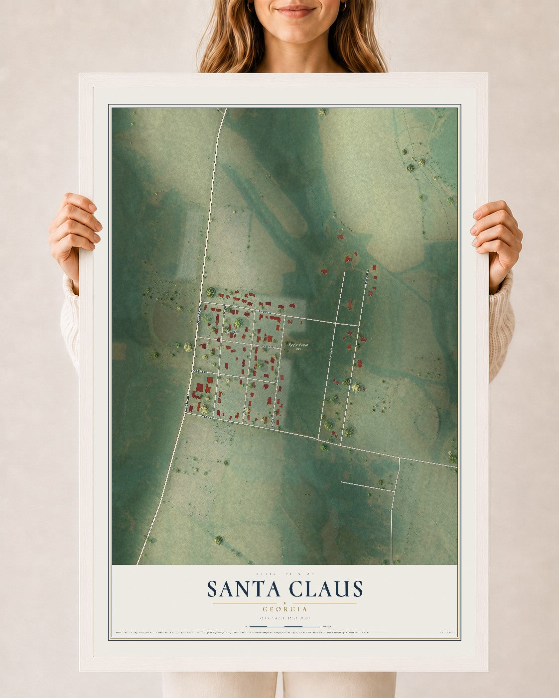 Santa Claus, Georgia map print, 24" x 36" W/ White Ayous Wood Frame mockup