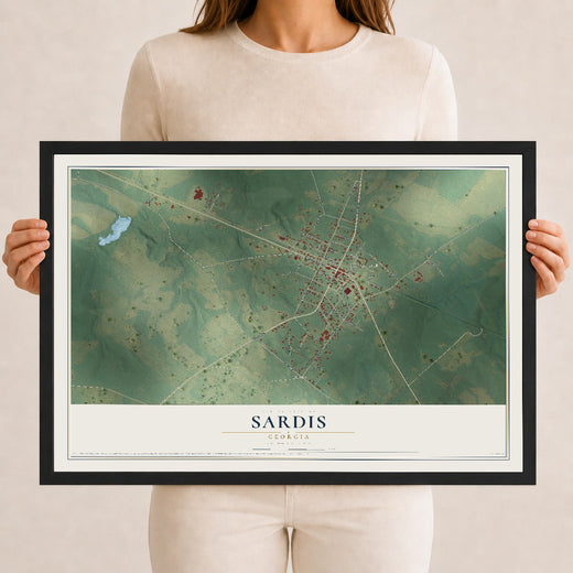 Map of Sardis, Georgia, 12 x 18 inch print in a black wood frame