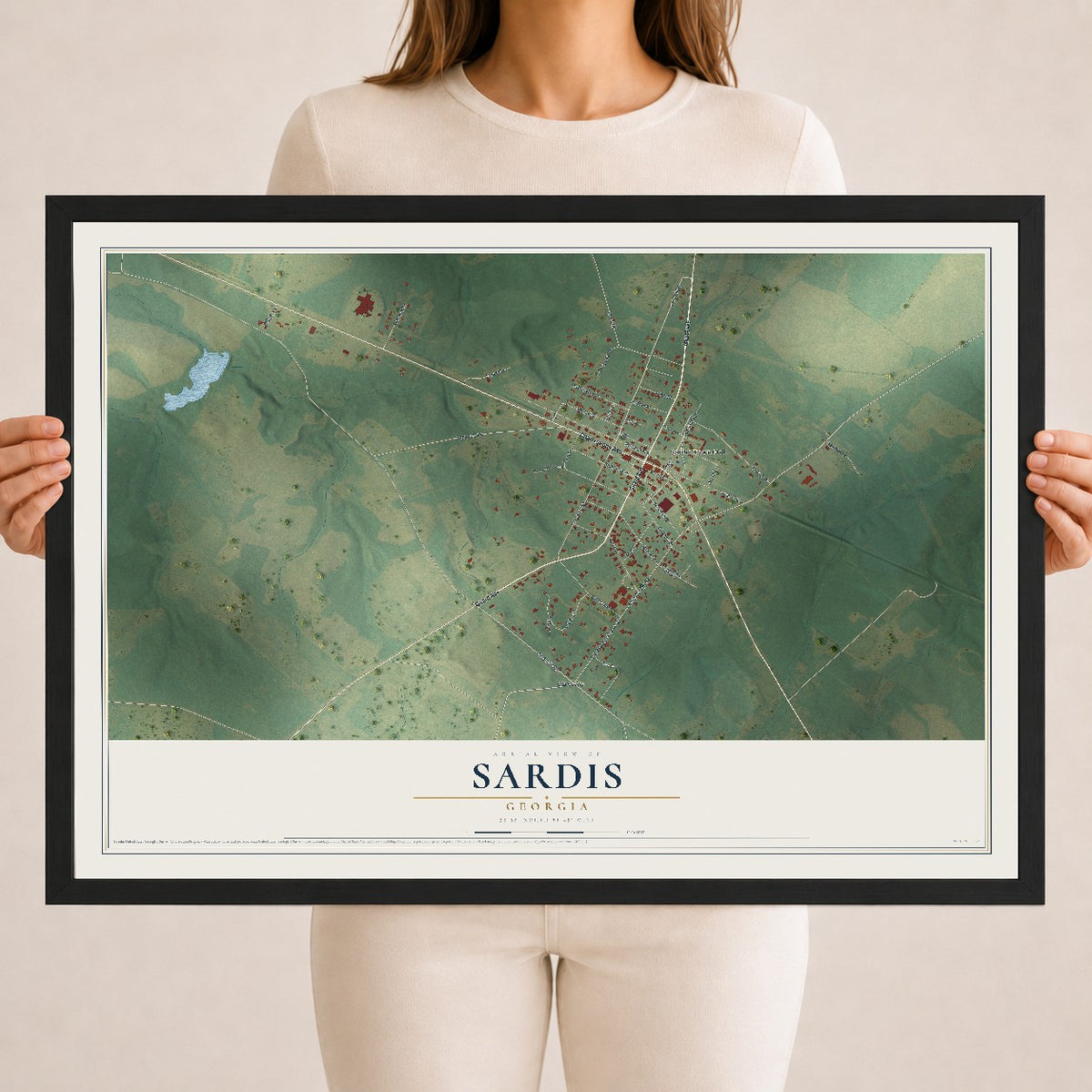 Sardis, Georgia map print, 18" x 24" W/ Black Ayous Wood Frame mockup