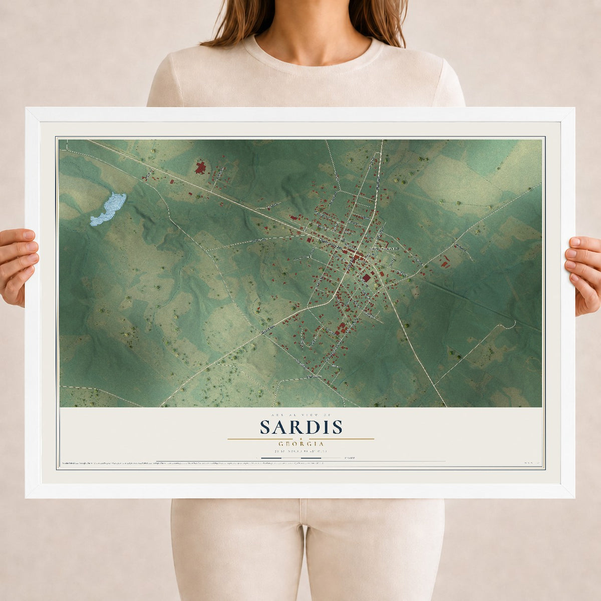 Sardis, Georgia map print, 18" x 24" W/ White Ayous Wood Frame mockup