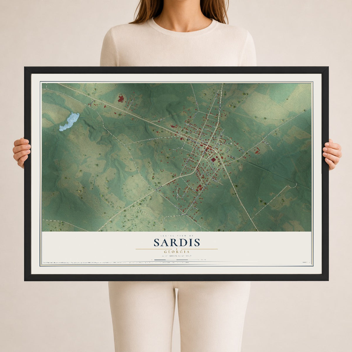 Sardis, Georgia map print, 24" x 36" W/ Black Ayous Wood Frame mockup