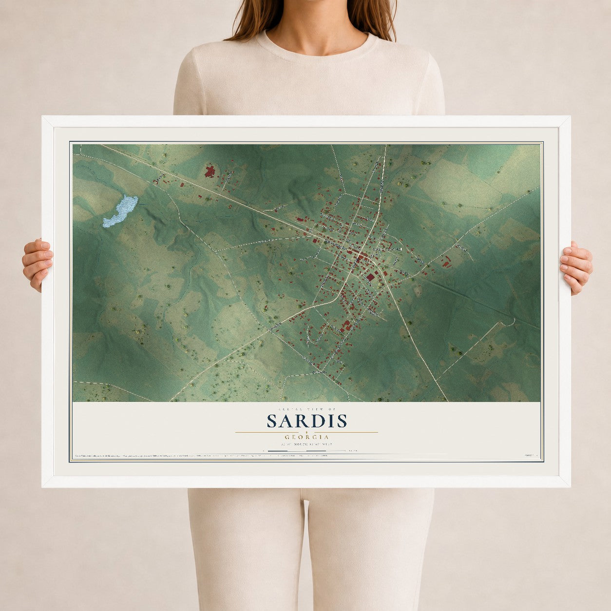 Sardis, Georgia map print, 24" x 36" W/ White Ayous Wood Frame mockup