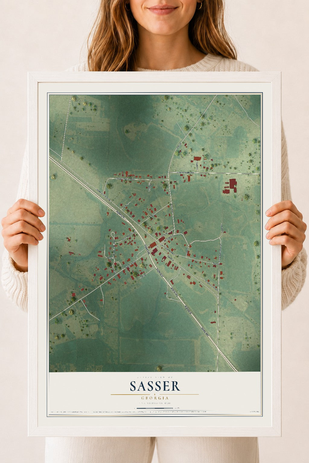 Sasser, Georgia map print, 18" x 24" W/ White Ayous Wood Frame mockup