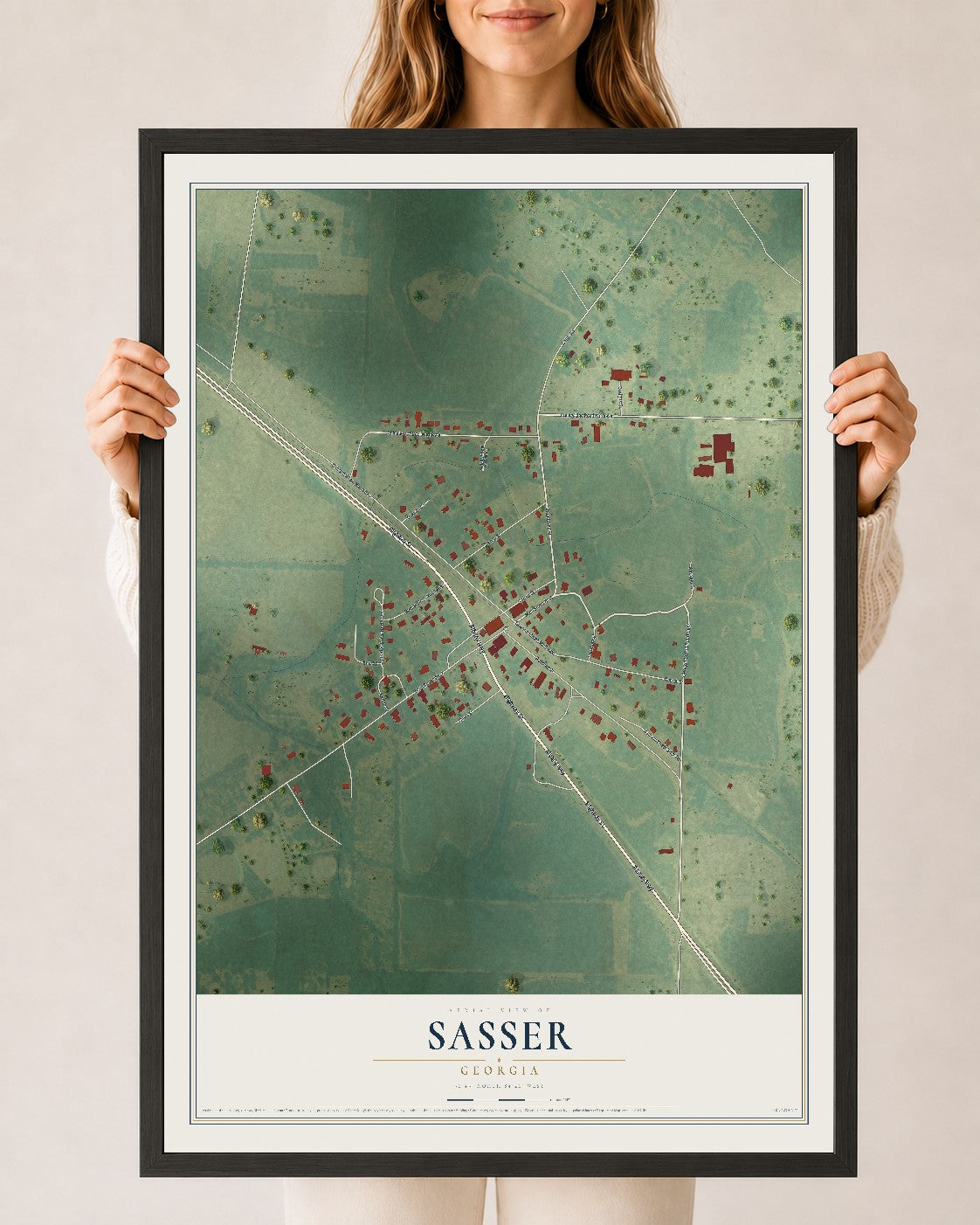 Sasser, Georgia map print, 24" x 36" W/ Black Ayous Wood Frame mockup