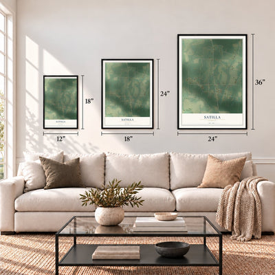 Satilla, Georgia map in 12 x 18, 18 x 24 and 24 x 36 inch sizes above a sofa