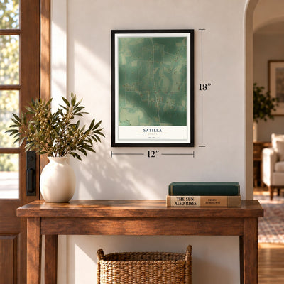 Satilla, Georgia map, 12 x 18 inch print in a black frame in an entryway