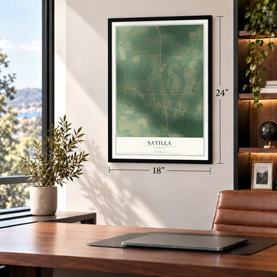 Satilla, Georgia map, 18 x 24 inch print in a black frame in a home office