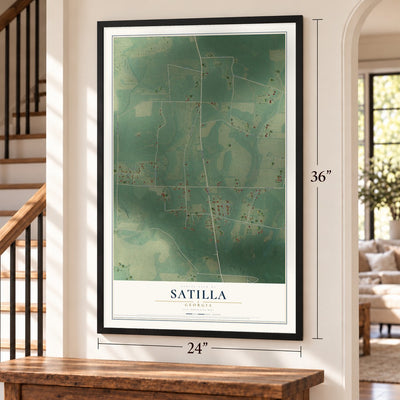 Satilla, Georgia map, 24 x 36 inch print in a black frame by a staircase